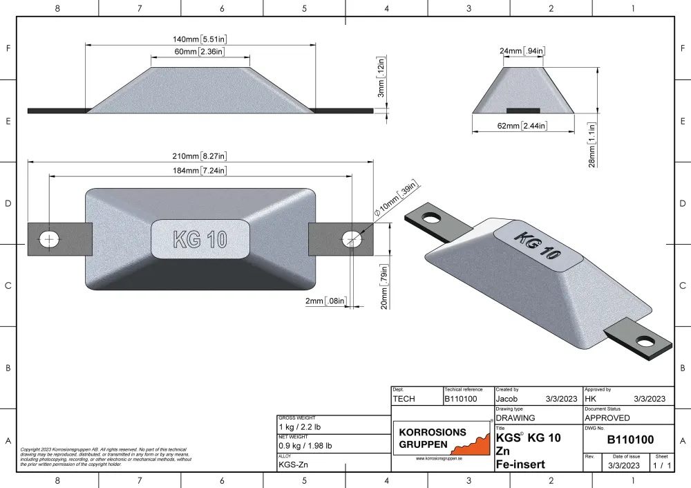 Typ anody cynku 10 - 140*62*28 mm